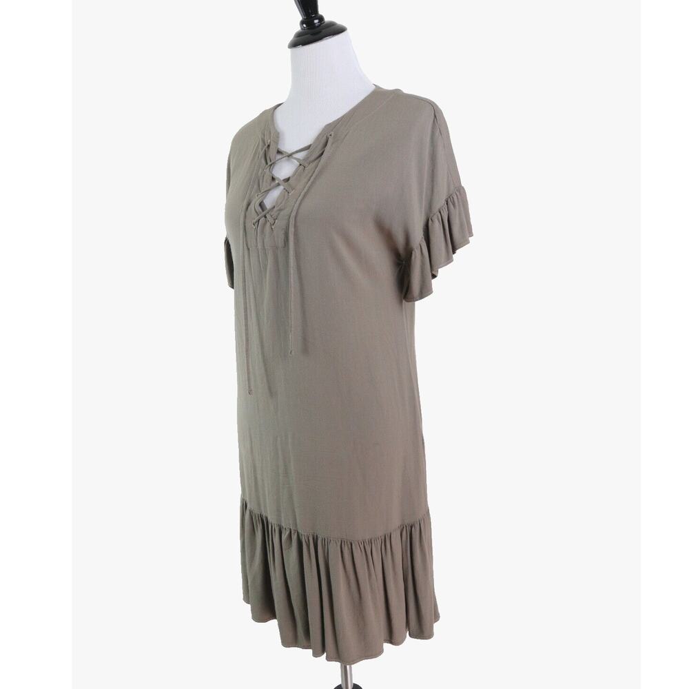 Michael Stars XS Ruffled Lace-up Mini Dress Short Sleeve Camo Green